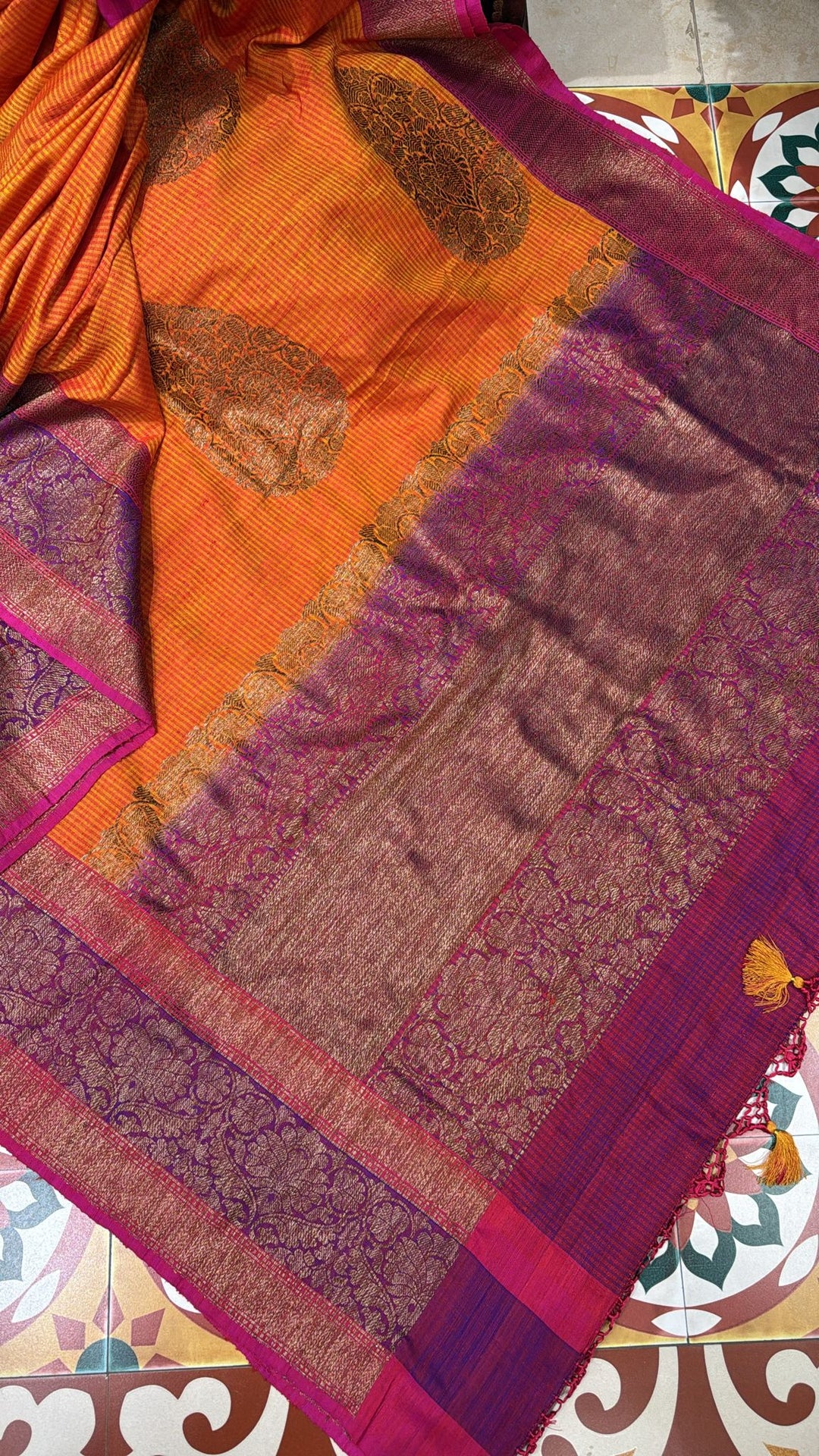 Pure Banarasi Dupion Silk Saree in Orange with Antique Damask Buttas and Zari Border | SILK MARK CERTIFIED