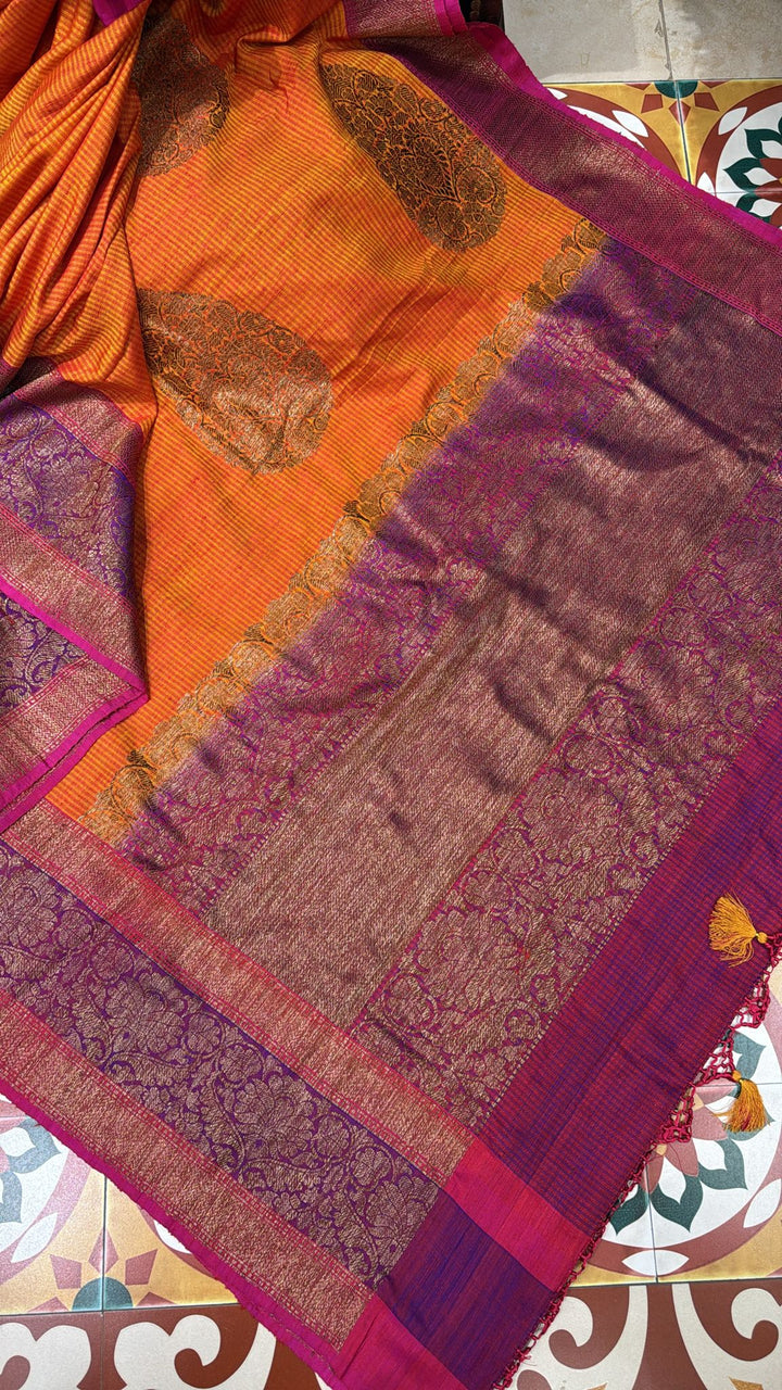 Pure Banarasi Dupion Silk Saree in Orange with Antique Damask Buttas and Zari Border | SILK MARK CERTIFIED