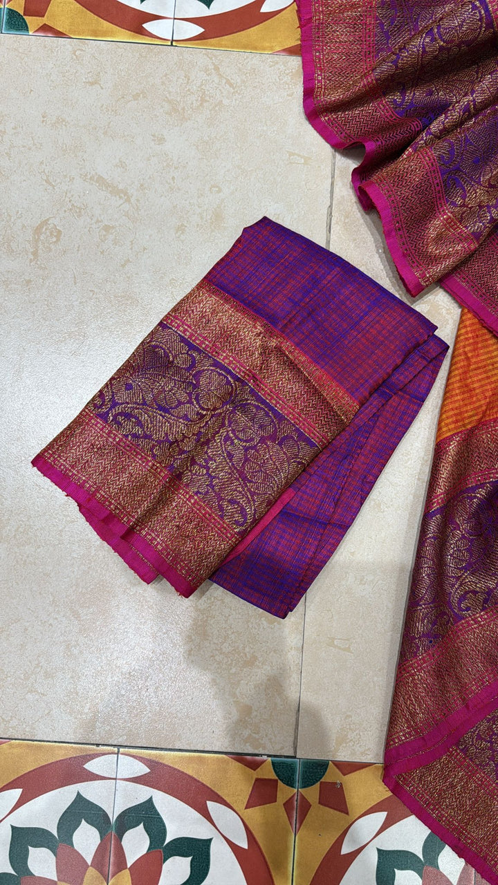 Pure Banarasi Dupion Silk Saree in Orange with Antique Damask Buttas and Zari Border | SILK MARK CERTIFIED