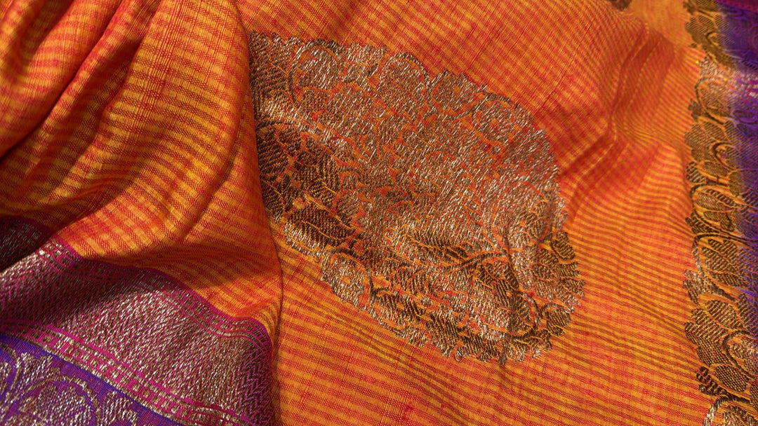 Pure Banarasi Dupion Silk Saree in Orange with Antique Damask Buttas and Zari Border | SILK MARK CERTIFIED