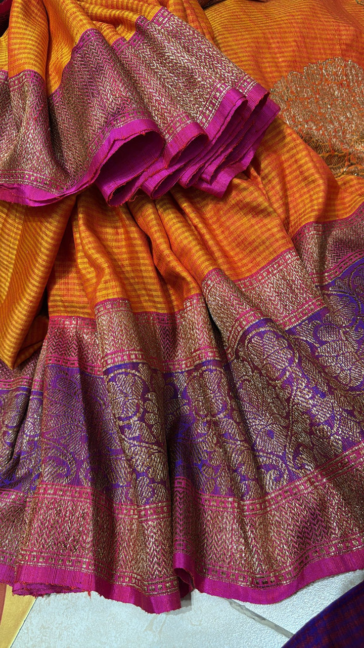 Pure Banarasi Dupion Silk Saree in Orange with Antique Damask Buttas and Zari Border | SILK MARK CERTIFIED