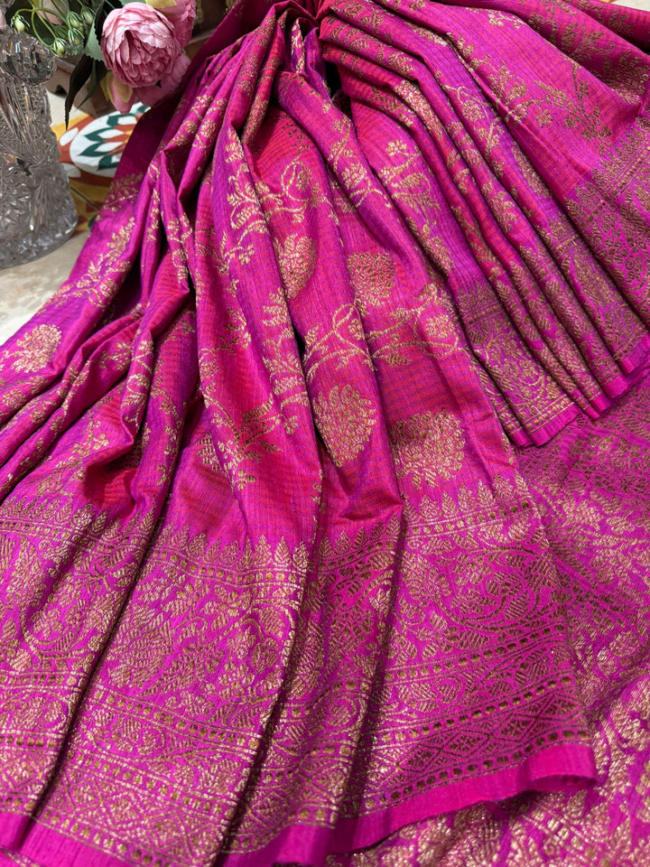 Banarasi Dupion Silk Saree in Hot Pink with Antique floral Jaal and Border  | SILK MARK CERTIFIED