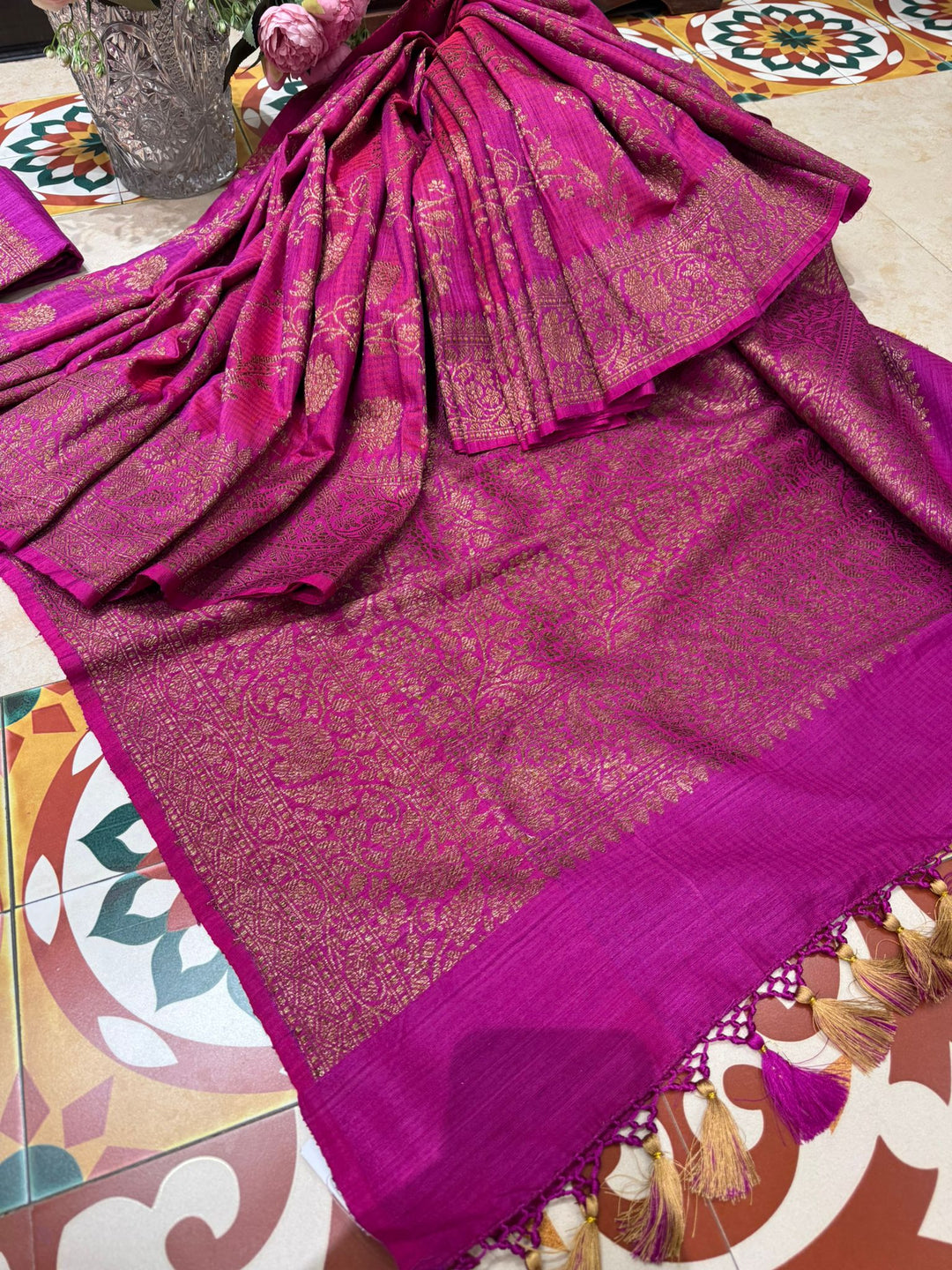 Banarasi Dupion Silk Saree in Hot Pink with Antique floral Jaal and Border  | SILK MARK CERTIFIED