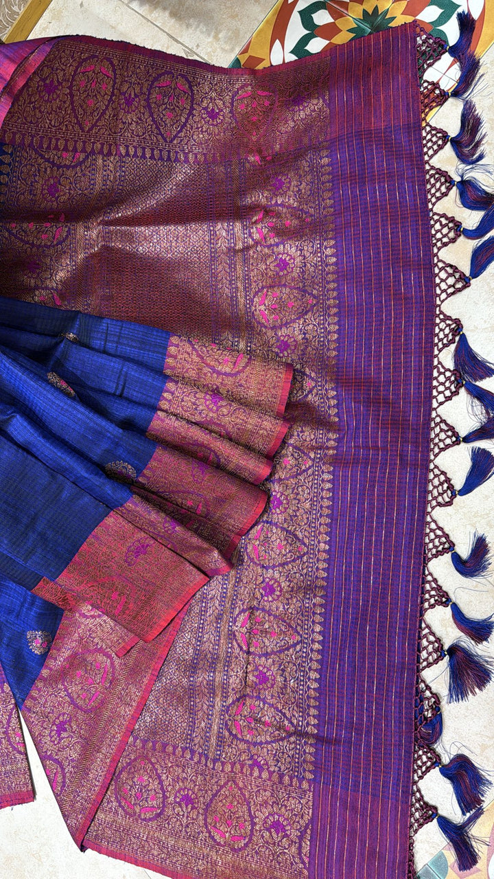 Pure Banarasi Dupion Silk Saree in Blue with Antique meenakari Zari detailing | SILK MARK CERTIFIED