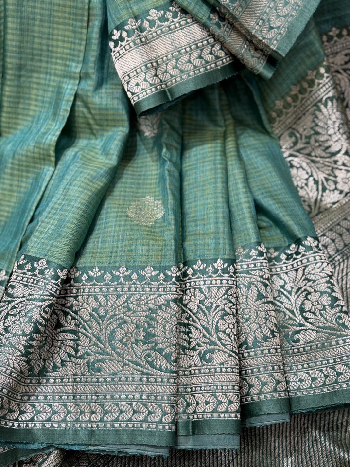Green Dupion Banarasi Silk Saree with Floral Butta and zari Border | SILK MARK CERTIFIED
