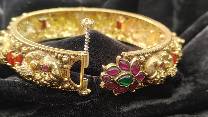 2.4"-2.6” 92.5 Silver, 22kt Gold Plated Traditional Peacock Design Openable Kada with Gemstones - Single Piece