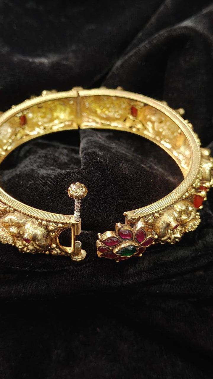 2.4"-2.6” 92.5 Silver, 22kt Gold Plated Traditional Peacock Design Openable Kada with Gemstones - Single Piece