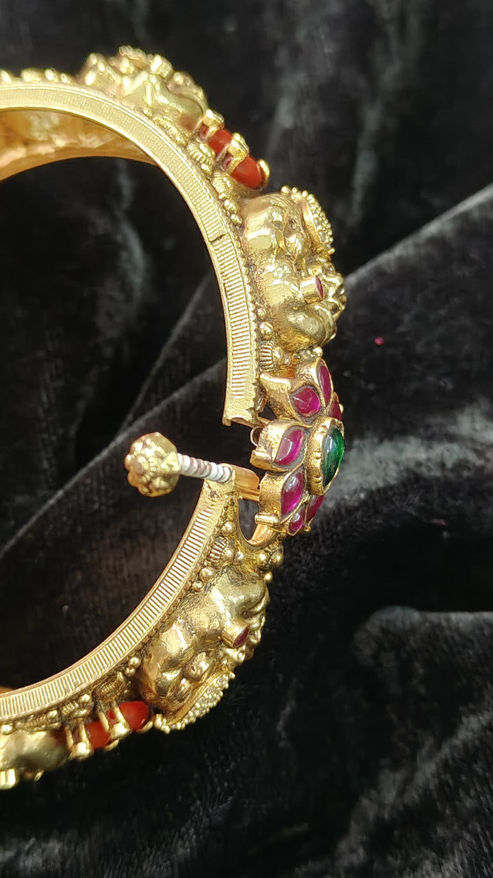 2.4"-2.6” 92.5 Silver, 22kt Gold Plated Traditional Peacock Design Openable Kada with Gemstones - Single Piece