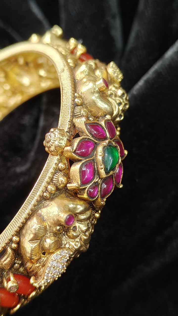 2.4"-2.6” 92.5 Silver, 22kt Gold Plated Traditional Peacock Design Openable Kada with Gemstones - Single Piece