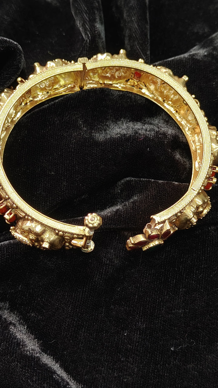 2.4"-2.6” 92.5 Silver, 22kt Gold Plated Traditional Peacock Design Openable Kada with Gemstones - Single Piece