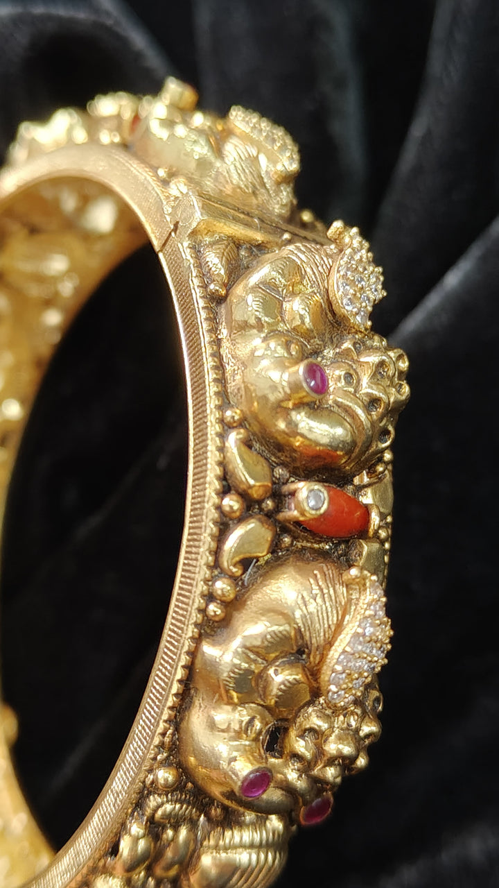 2.4"-2.6” 92.5 Silver, 22kt Gold Plated Traditional Peacock Design Openable Kada with Gemstones - Single Piece