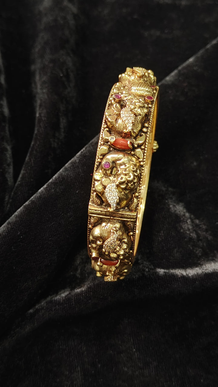 2.4"-2.6” 92.5 Silver, 22kt Gold Plated Traditional Peacock Design Openable Kada with Gemstones - Single Piece