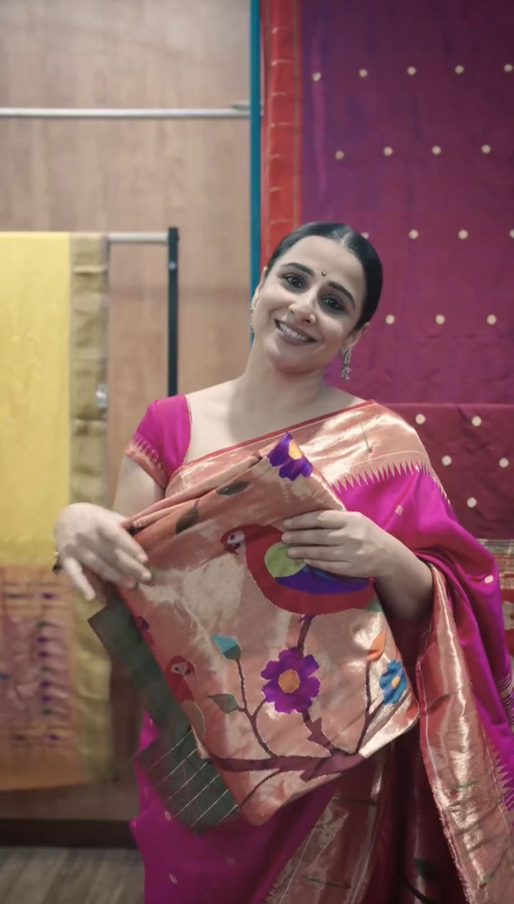 Pre-order Authentic Pink Yeola Paithani Handloom Silk Saree with Single Muniya Borders and African Parrot Motifs on Pallu | SILK MARK CERTIFIED