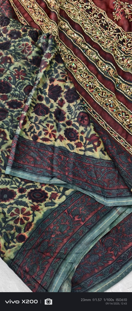 Green Vanaspati Hand Block Print on Modal Silk Saree with Cutdana-Sequins and Mirror Work Hand embroidery