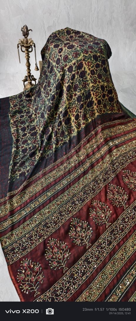 Green Vanaspati Hand Block Print on Modal Silk Saree with Cutdana-Sequins and Mirror Work Hand embroidery