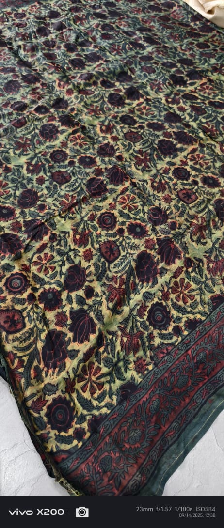 Green Vanaspati Hand Block Print on Modal Silk Saree with Cutdana-Sequins and Mirror Work Hand embroidery
