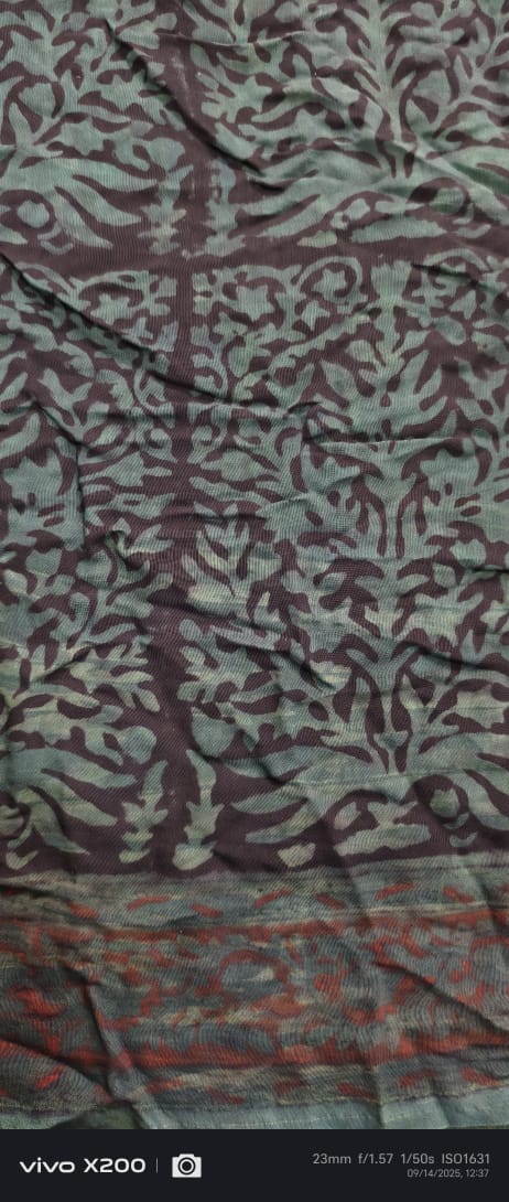 Green Vanaspati Hand Block Print on Modal Silk Saree with Cutdana-Sequins and Mirror Work Hand embroidery