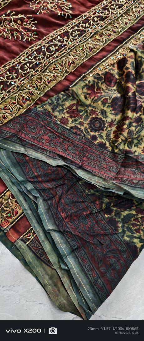 Green Vanaspati Hand Block Print on Modal Silk Saree with Cutdana-Sequins and Mirror Work Hand embroidery