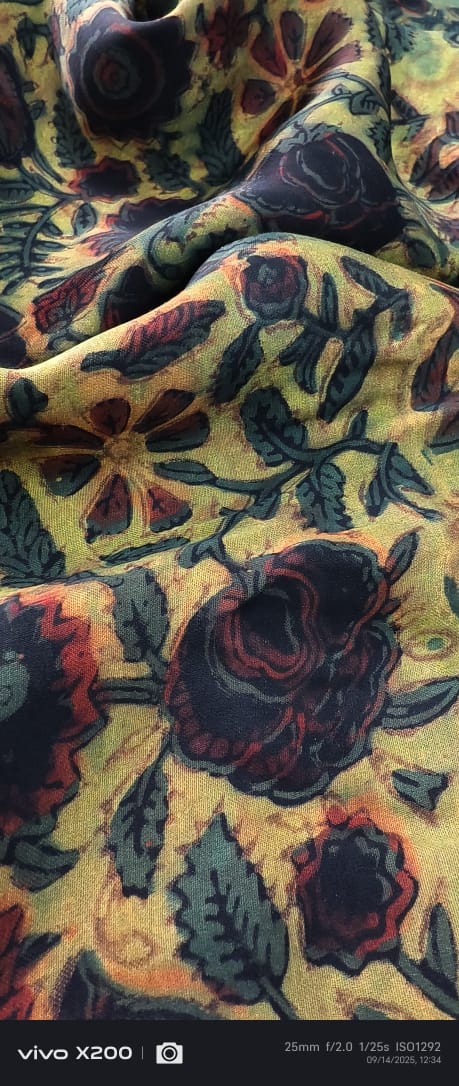 Green Vanaspati Hand Block Print on Modal Silk Saree with Cutdana-Sequins and Mirror Work Hand embroidery