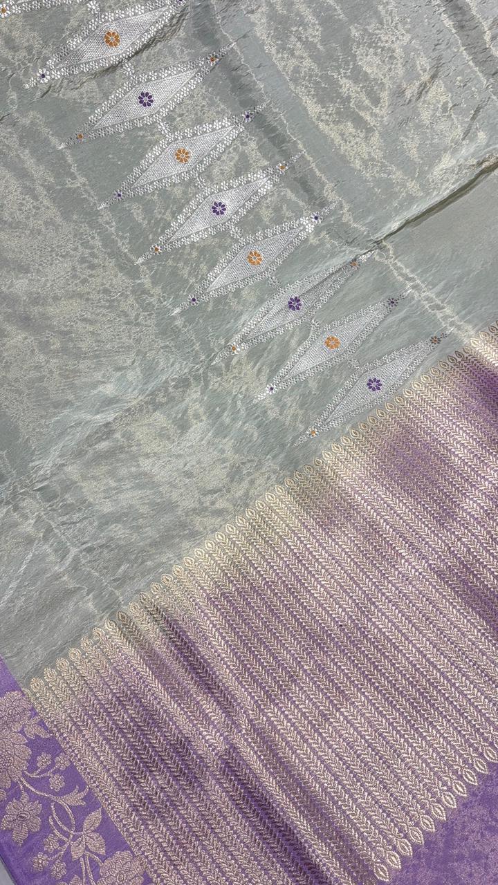 Dusty Mint Green Pure Banarasi Tissue Silk Saree with Meenakari Diamond Pannel in Silver Zari and Lilac Zari Border | SILK MARK CERTIFIED