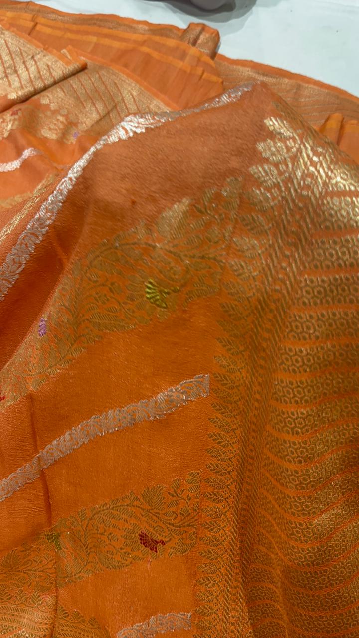 Orange Kaduwa Weave on Banarasi Tussar Georgette Saree with Ornate Stripes and Zari Border| SILK MARK CERTIFIED