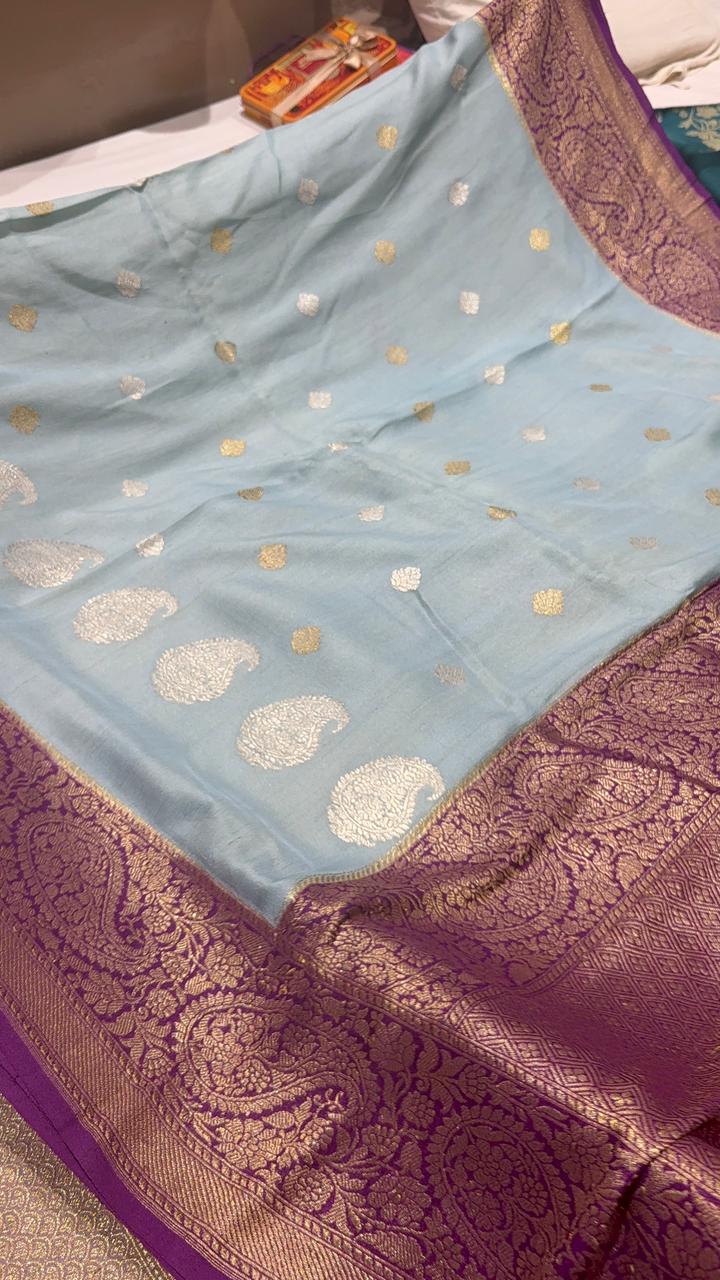 Heather Blue Banarasi Tussar Georgette Saree with Sona Rupa Buttas and Paisley Purple Zari Border| SILK MARK CERTIFIED