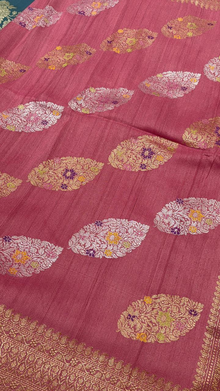 Dusty Carnation pink Banarasi Tussar Georgette Saree with Kaduwa weave Meenakari Buttas  and Zari Border | SILK MARK CERTIFIED