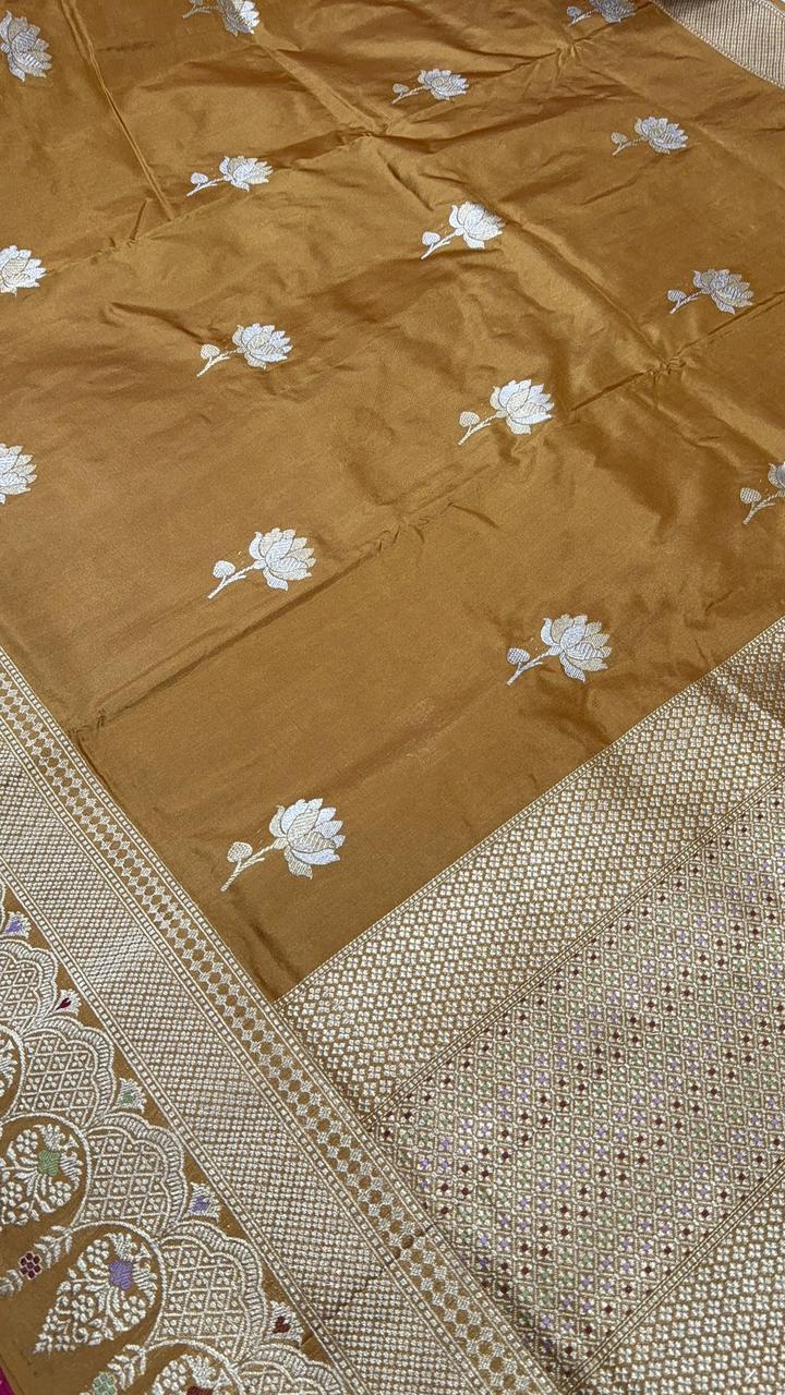 Honey Brown Banarasi Pure Katan Silk Saree with Alfi Floral Buttas and Meenakari Scallop Skirt Border | SILK MARK CERTIFIED