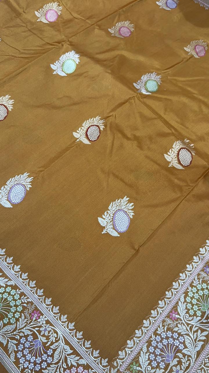 Honey Brown Meenakari on Banarasi Pure Katan Silk Saree with Sona Rupa Floral Buttas and Zari Border | SILK MARK CERTIFIED