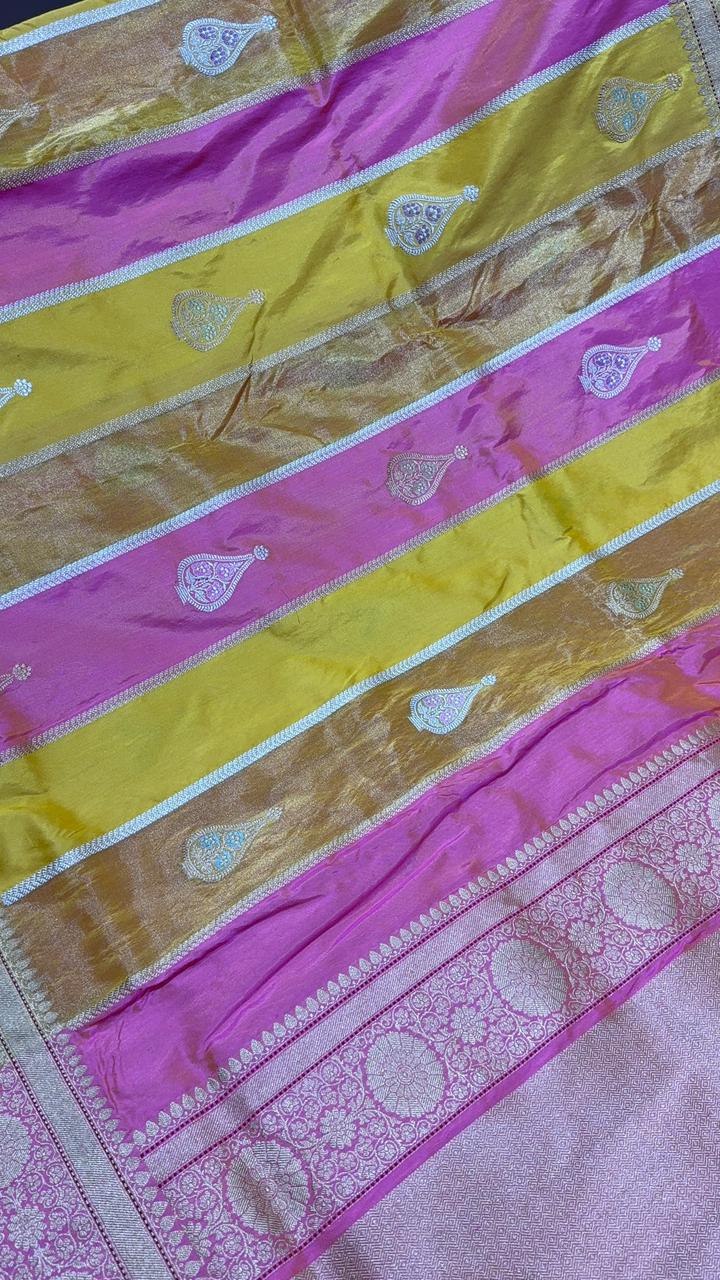 Pink-Tissue-Yellow Rangkaat Design on Pure Banarasi Tissue Silk Saree with  Meenakari Buttas Zari and Zari Border | SILK MARK CERTIFIED