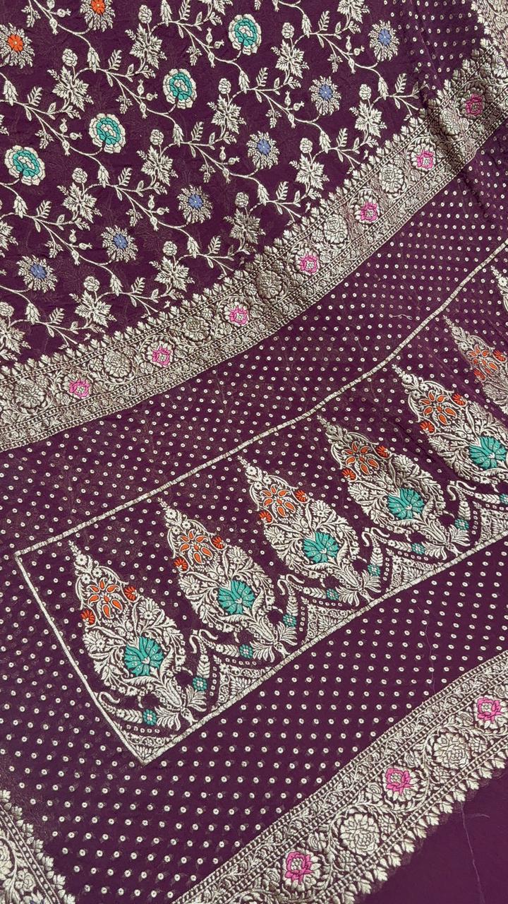 Authentic Aubergine Meenakari Detailing on Banarasi Silk Georgette Saree with Floral Jaal and Zari Border | SILK MARK CERTIFIED