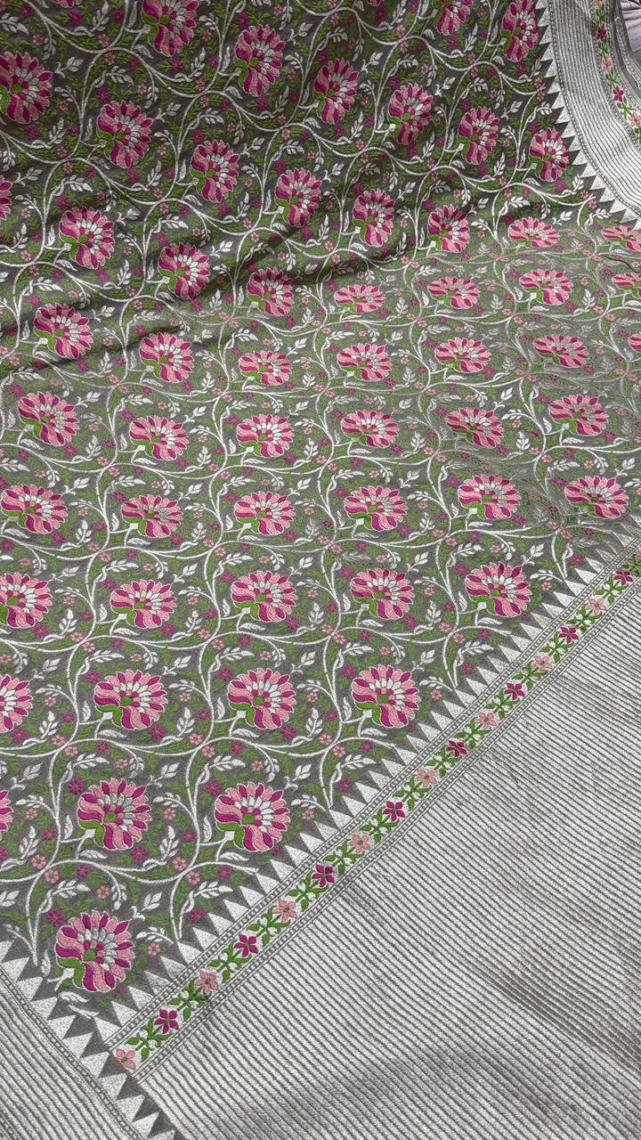 Dusty Standstone Pure Banarasi geogrette silk saree with Trellis design and zari border| SILK MARK CERTIFIED