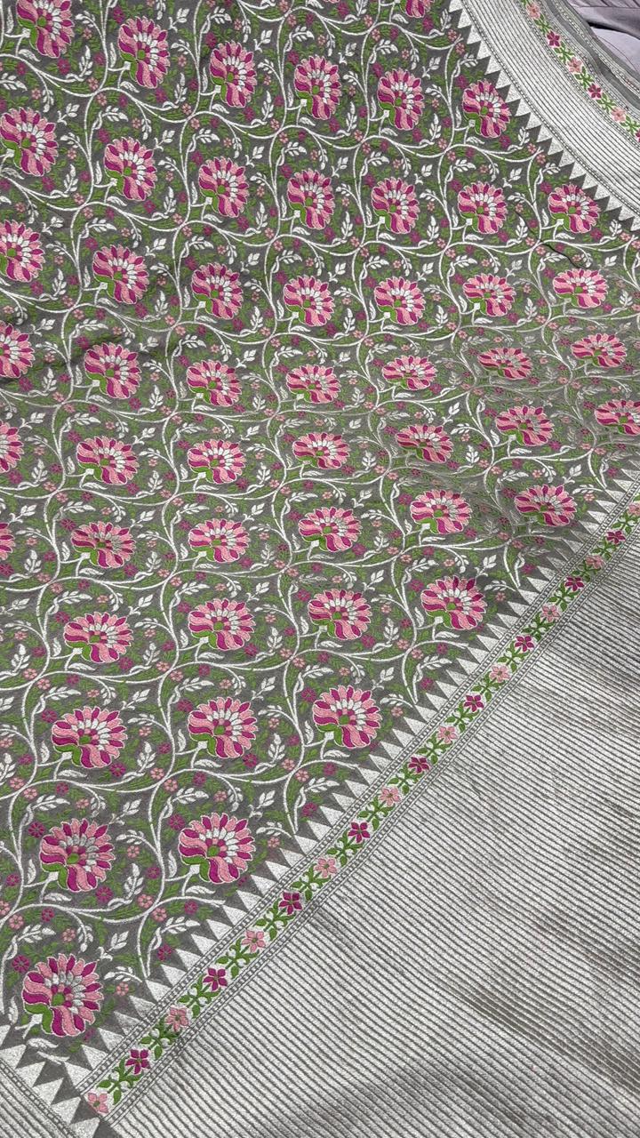Dusty Standstone Pure Banarasi geogrette silk saree with Trellis design and zari border| SILK MARK CERTIFIED