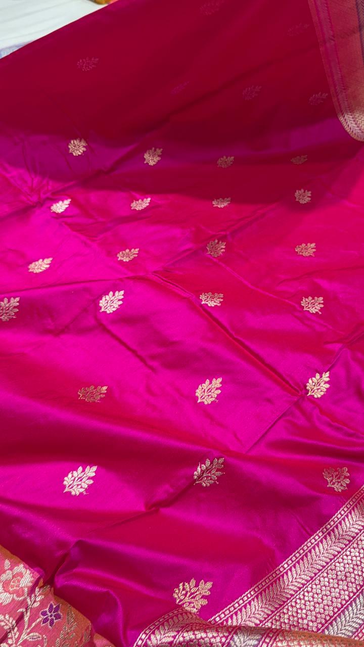Rani Pink Dual tone Banarasi Pure Katan Silk Saree with Sona Rupa Buttas and Kadhuwa Meenakari Jaal on Skirt Border| SILK MARK CERTIFIED