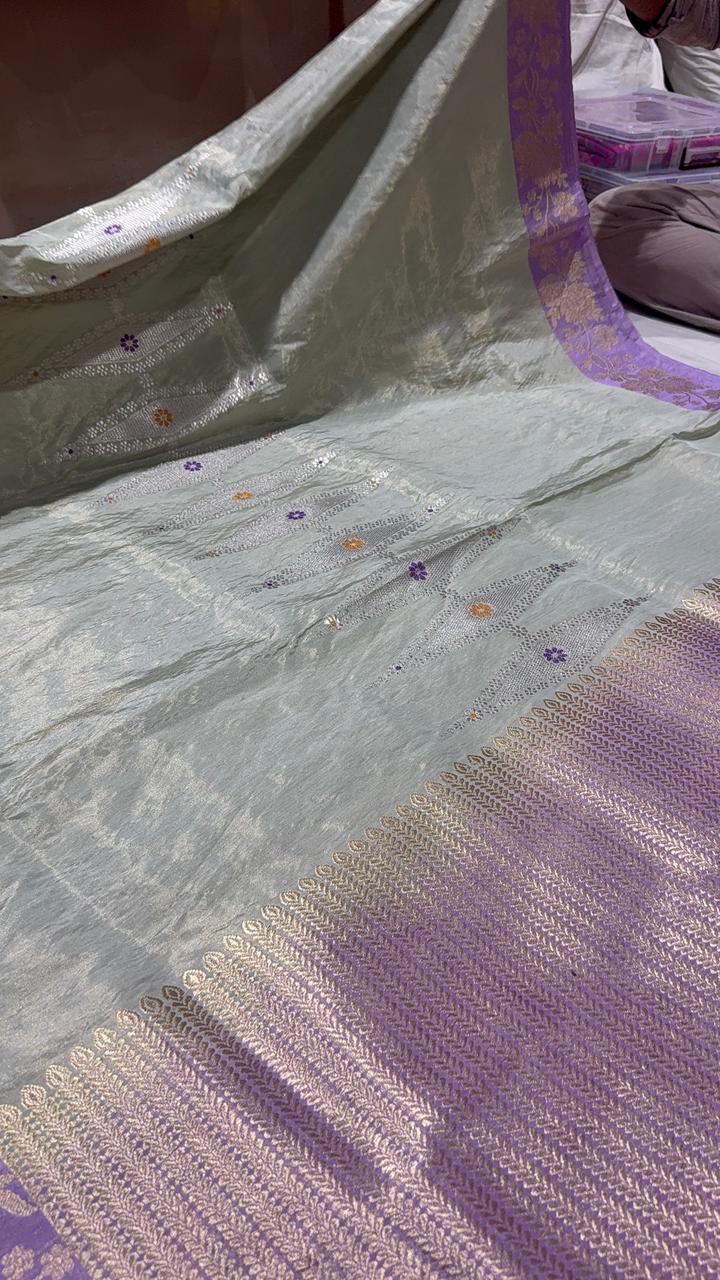 Dusty Mint Green Pure Banarasi Tissue Silk Saree with Meenakari Diamond Pannel in Silver Zari and Lilac Zari Border | SILK MARK CERTIFIED