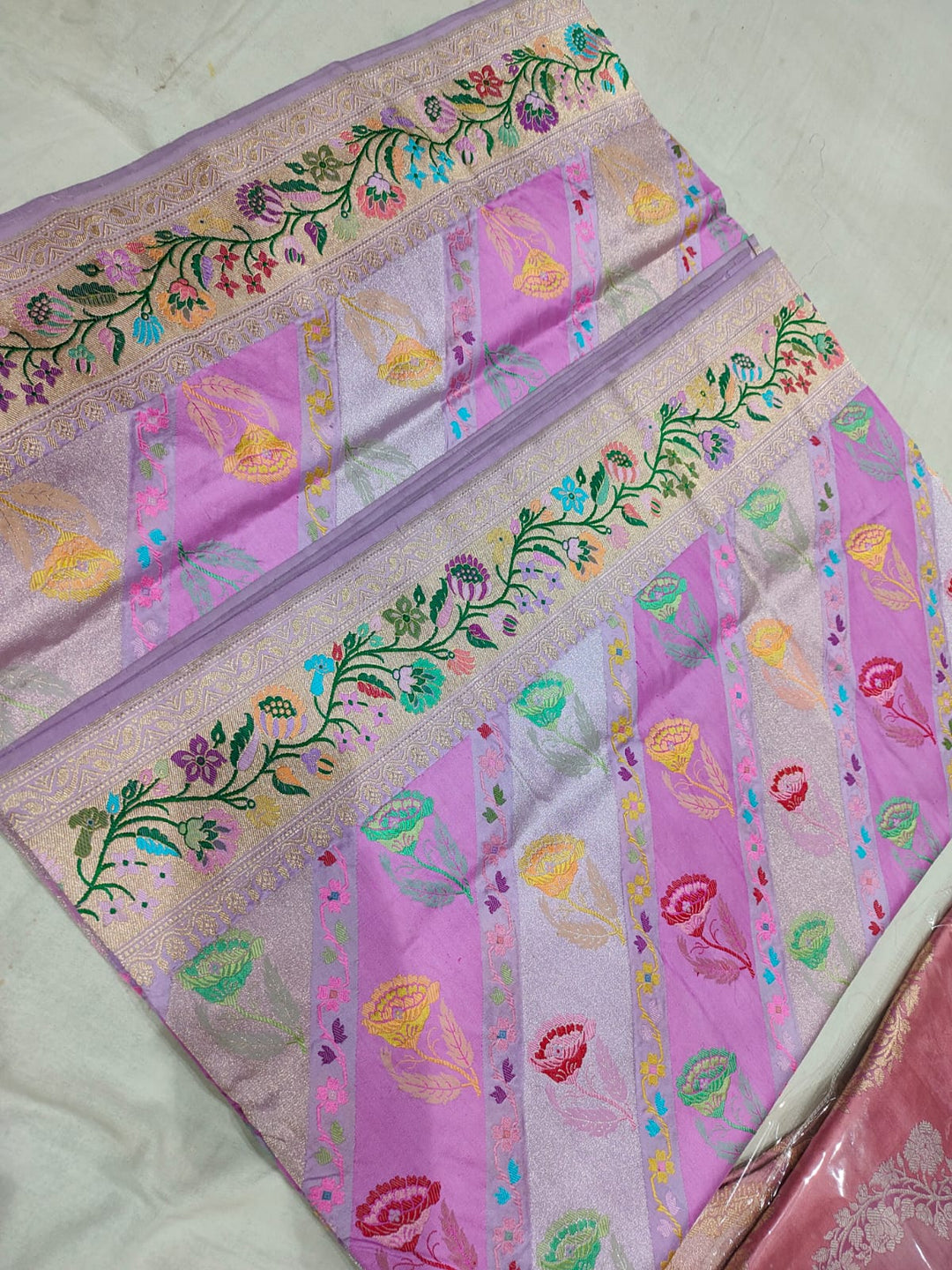Rangkaat Kadhuwa Banarasi Silk Saree with Floral meenakari Diagonal Zari stripes and Paithani Border | SILK MARK CERTIFIED