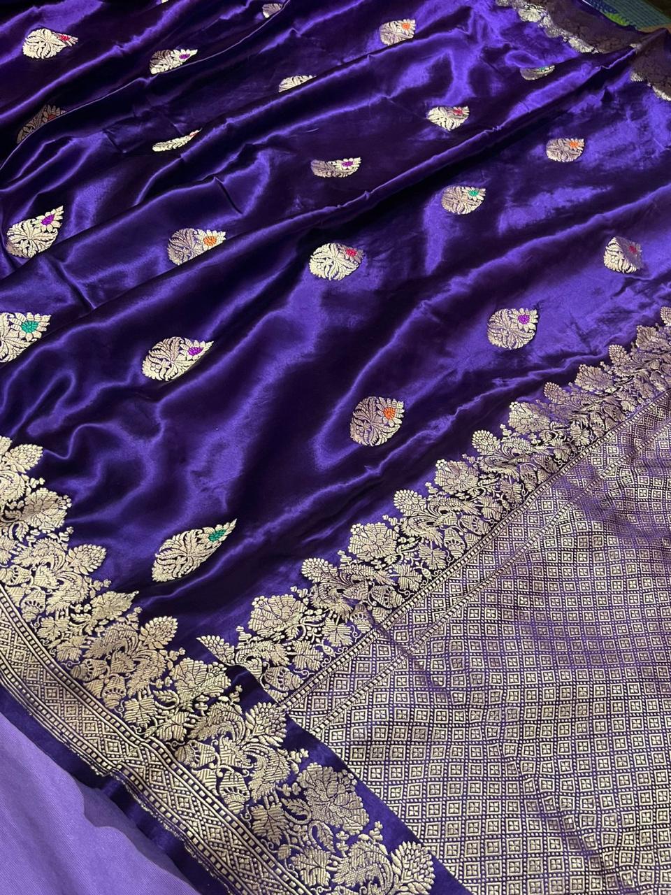 Blue Purplish  Banarasi Mashru Silk Saree with Meenakari Butta and Zari Border | SILK MARK CERTIFIED