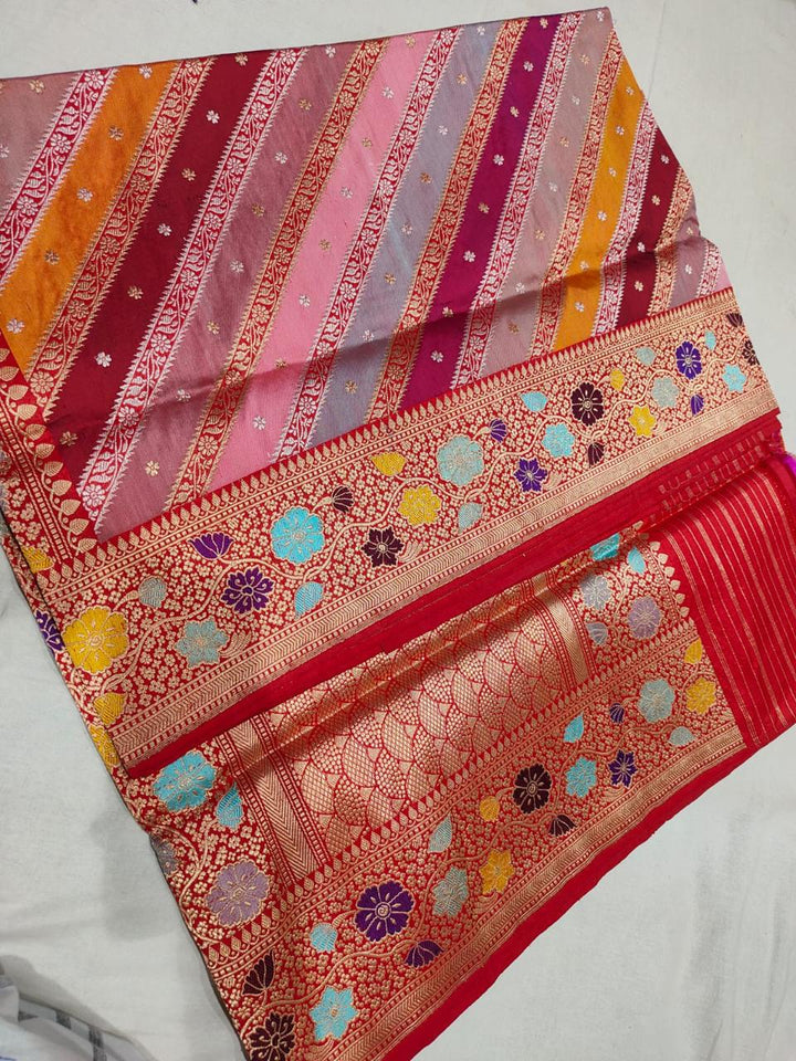 Rangkaat Kadhuwa Jangla Banarasi Silk Saree with Diagonal Zari stripes | SILK MARK CERTIFIED