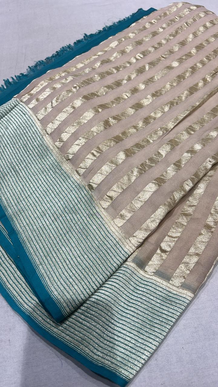 Off white vertical stripes on banarasi georgette Silk saree with turquoise zari border and Pallu | SILK MARK CERTIFIED