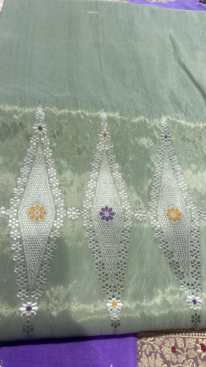 Dusty Mint Green Pure Banarasi Tissue Silk Saree with Meenakari Diamond Pannel in Silver Zari and Lilac Zari Border | SILK MARK CERTIFIED
