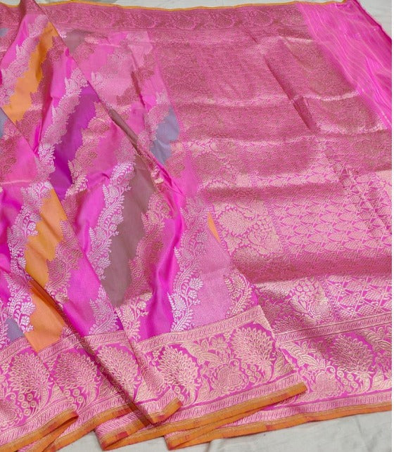 Rangkaat Kadhuwa Banarasi Silk Saree with Diagonal Zari stripes | SILK MARK CERTIFIED