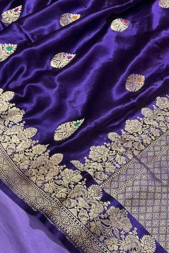 Blue Purplish  Banarasi Mashru Silk Saree with Meenakari Butta and Zari Border | SILK MARK CERTIFIED