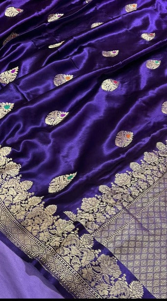 Blue Purplish  Banarasi Mashru Silk Saree with Meenakari Butta and Zari Border | SILK MARK CERTIFIED