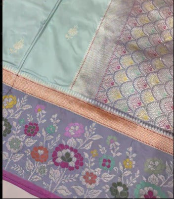 Pastel Hued Aqua Blue Banarasi Pure Katan Silk Saree with Sona Rupa Khaduwa Butta and Paithani Style Skirt Border | SILK MARK CERTIFIED