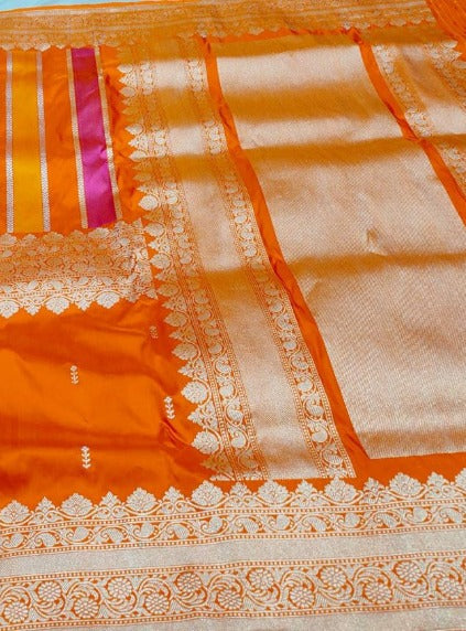 Vibrant Orange Vertical Stripes Half  Rangkaat Banarasi Katan Silk Saree with Zari Butta on Panel Zari Border | SILK MARK CERTIFIED