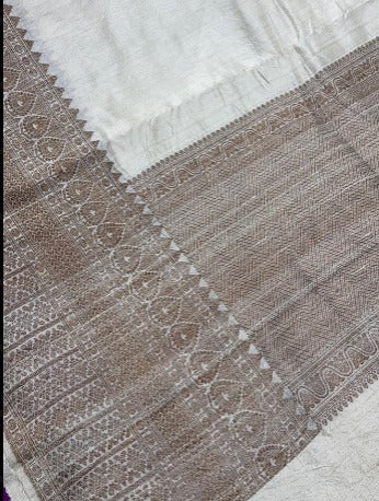 Ivory Raw Silk Saree with Antique Zari Border | SILK MARK CERTIFIED