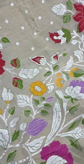 Cream Tussar Georgette Saree with Extravagant Meenakari Floral Jaal and Buttas | SILK MARK CERTIFIED