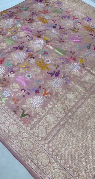 Dusty Mauve Banarasi Tissue Silk Saree with Kadhuwa Meenakari weave Butta and Border | SILK MARK CERTIFIED