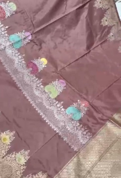 Dusky Mauve Banarasi Pure Katan Silk Saree with Meenakari Floral Skirt Border Border | SILK MARK CERTIFIED