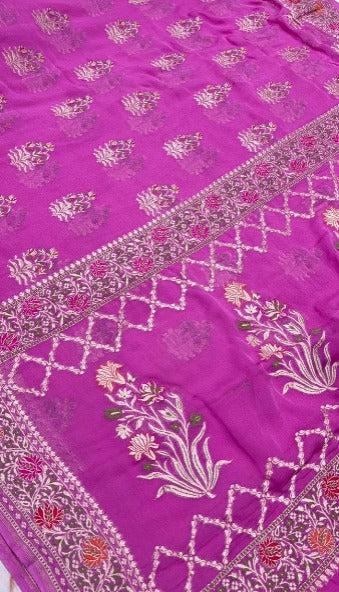 Thistle Banarasi georgette silk saree with Persian design Meenakari floral Butta with Ornate Border | SILK MARK CERTIFIED